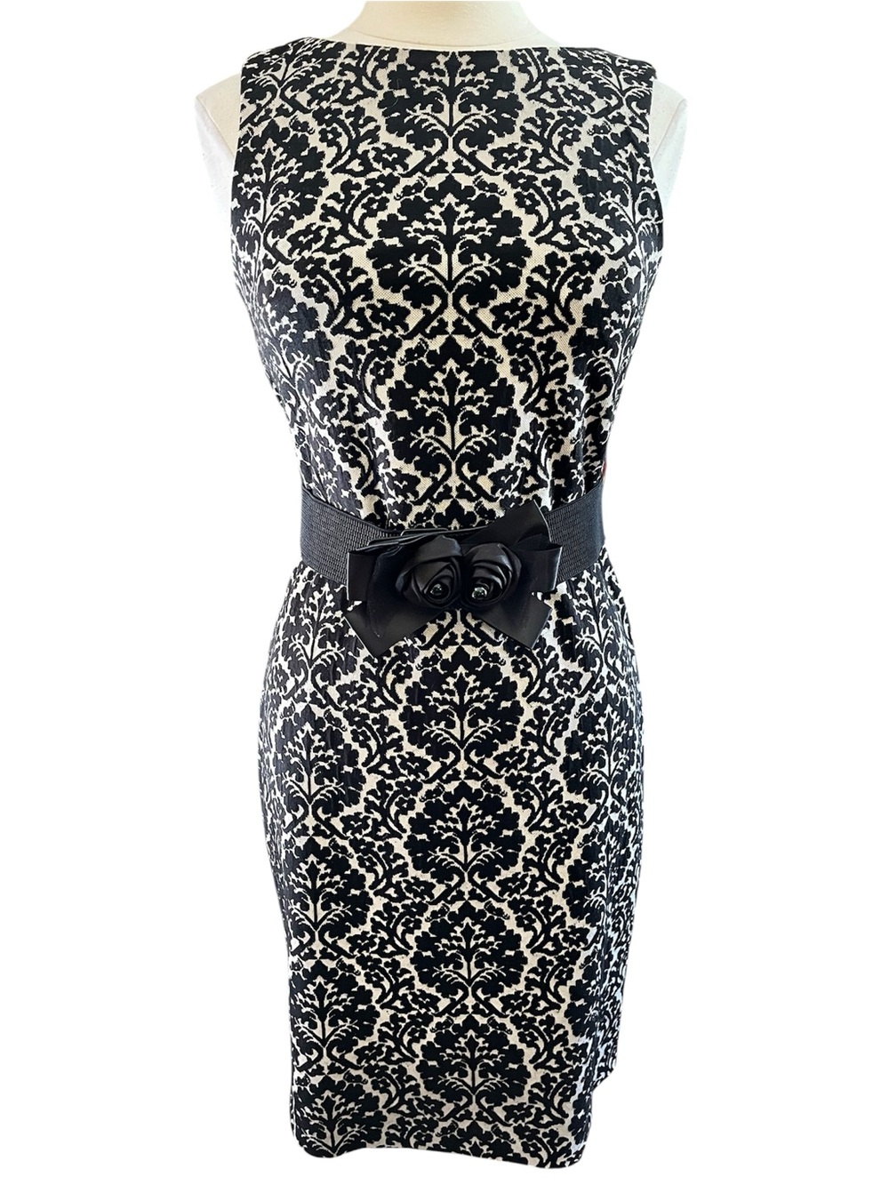 Joseph Ribkoff Black & Beige Baroque Pattern Jacquard Sheath Dress w/Belt Size 8